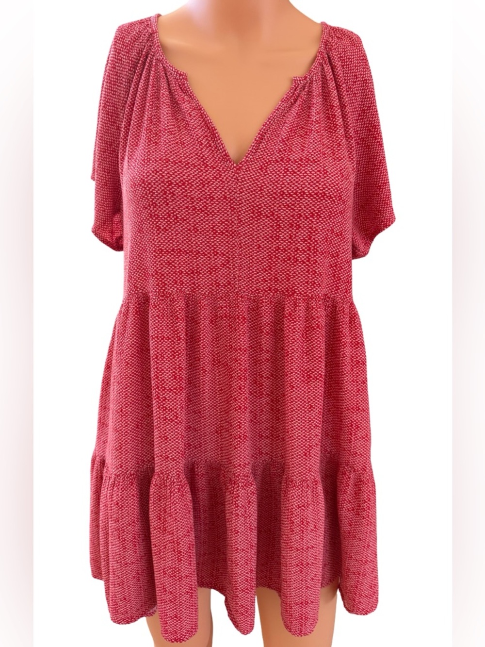 Knox Rose Rose-Red Textured V-Neck Tiered Mini Dress